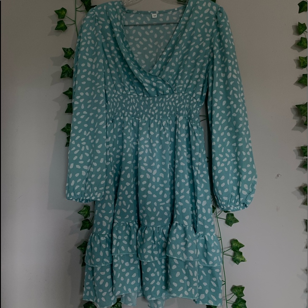 Shein blue teal long sleeve front layer hem dress